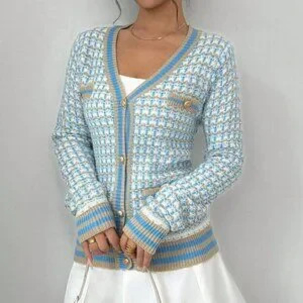 Light Blue Casual Women's Contrast Color Casual Long Sleeve Cardigan